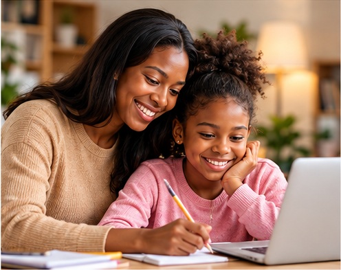 Parent supporting child during an online lesson